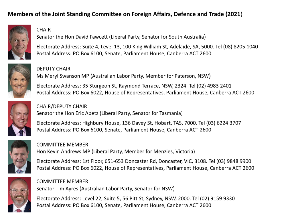 Members, Joint Standing Committee on Foreign Affairs, Defence