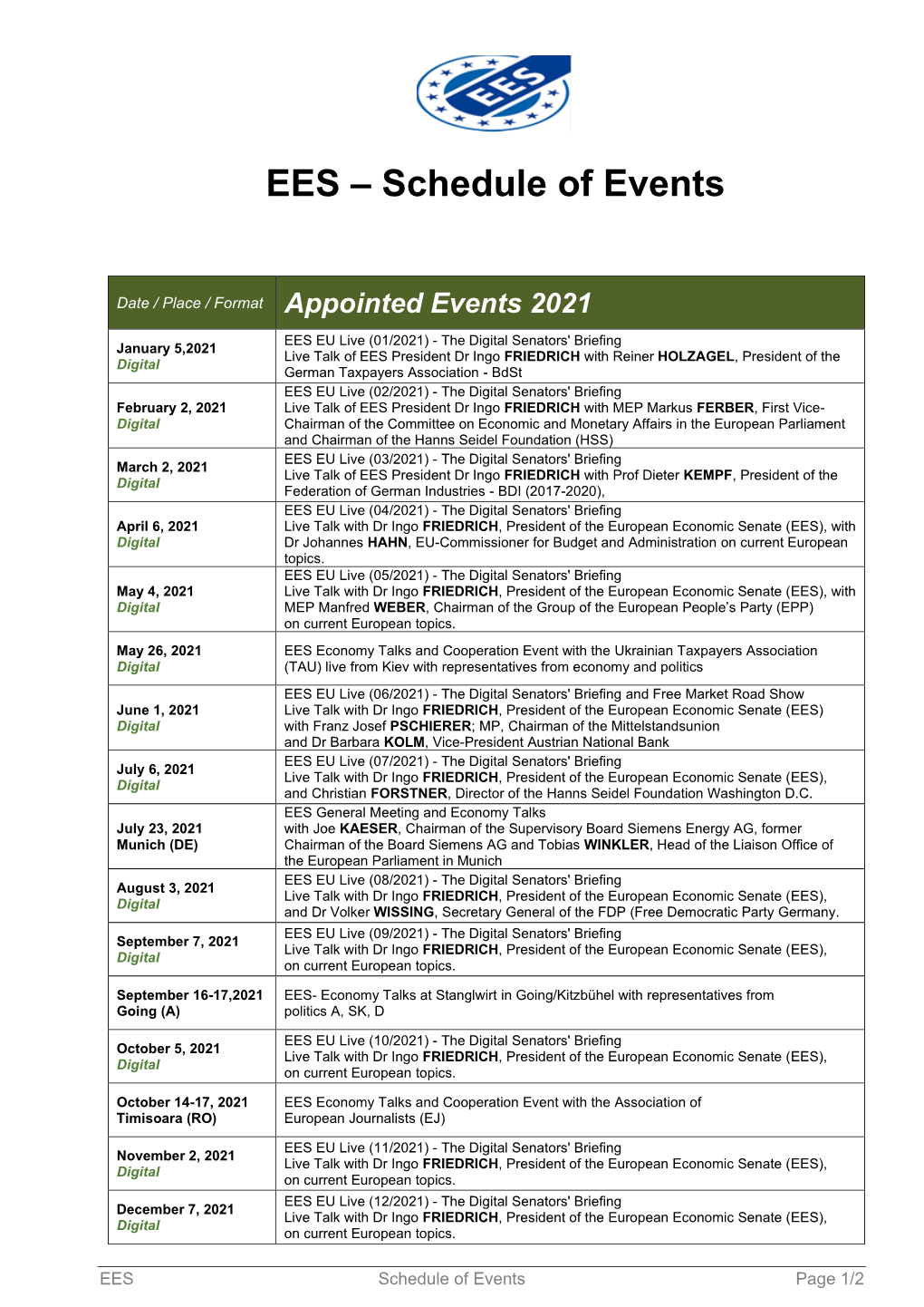 Download-Link Actual Schedule of EES-Events