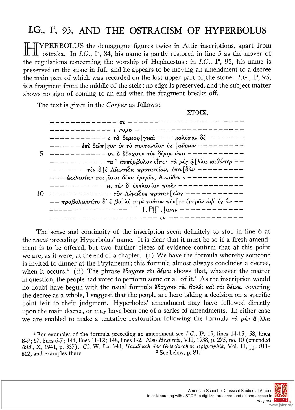 I.G., 12, 95, and the OSTRACISM of HYPERBOLUS Rapw