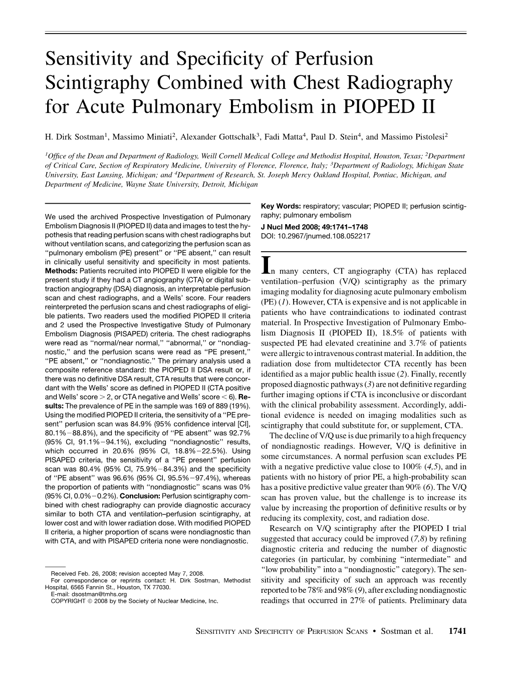 Sensitivity and Specificity of Perfusion Scintigraphy Combined with Chest