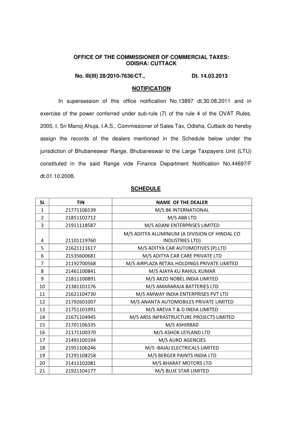 28/2010-7636/CT., Dt. 14.03.2013 NOTIFICATION I