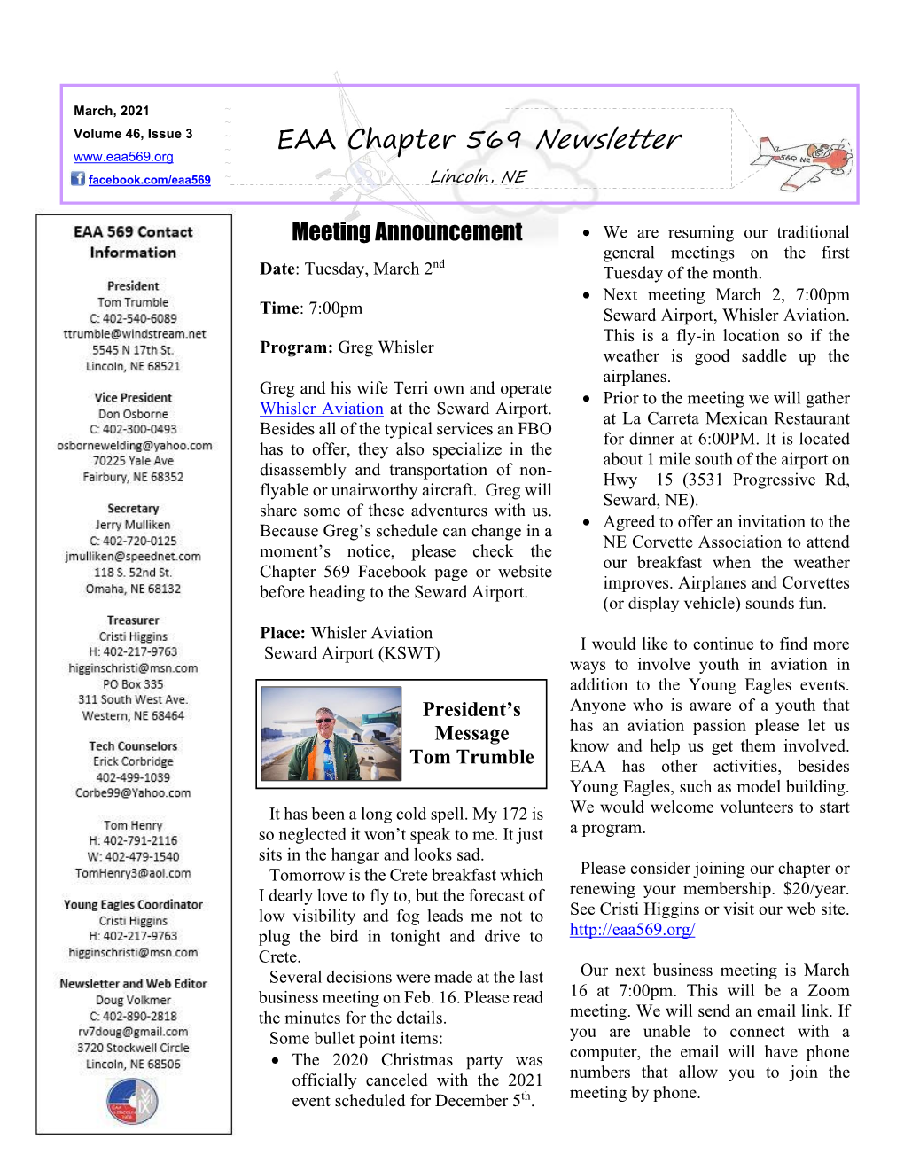 EAA Chapter 569 Newsletter ~ Facebook.Com/Eaa569 ~ Lincoln, NE