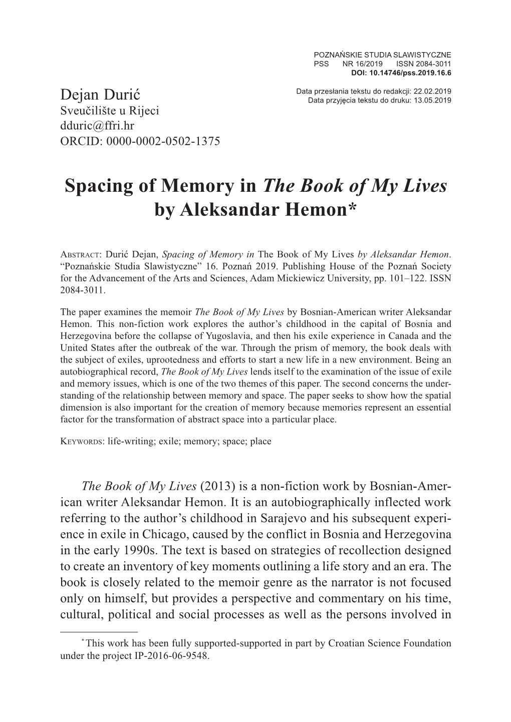 Spacing of Memory in the Book of My Lives by Aleksandar Hemon*