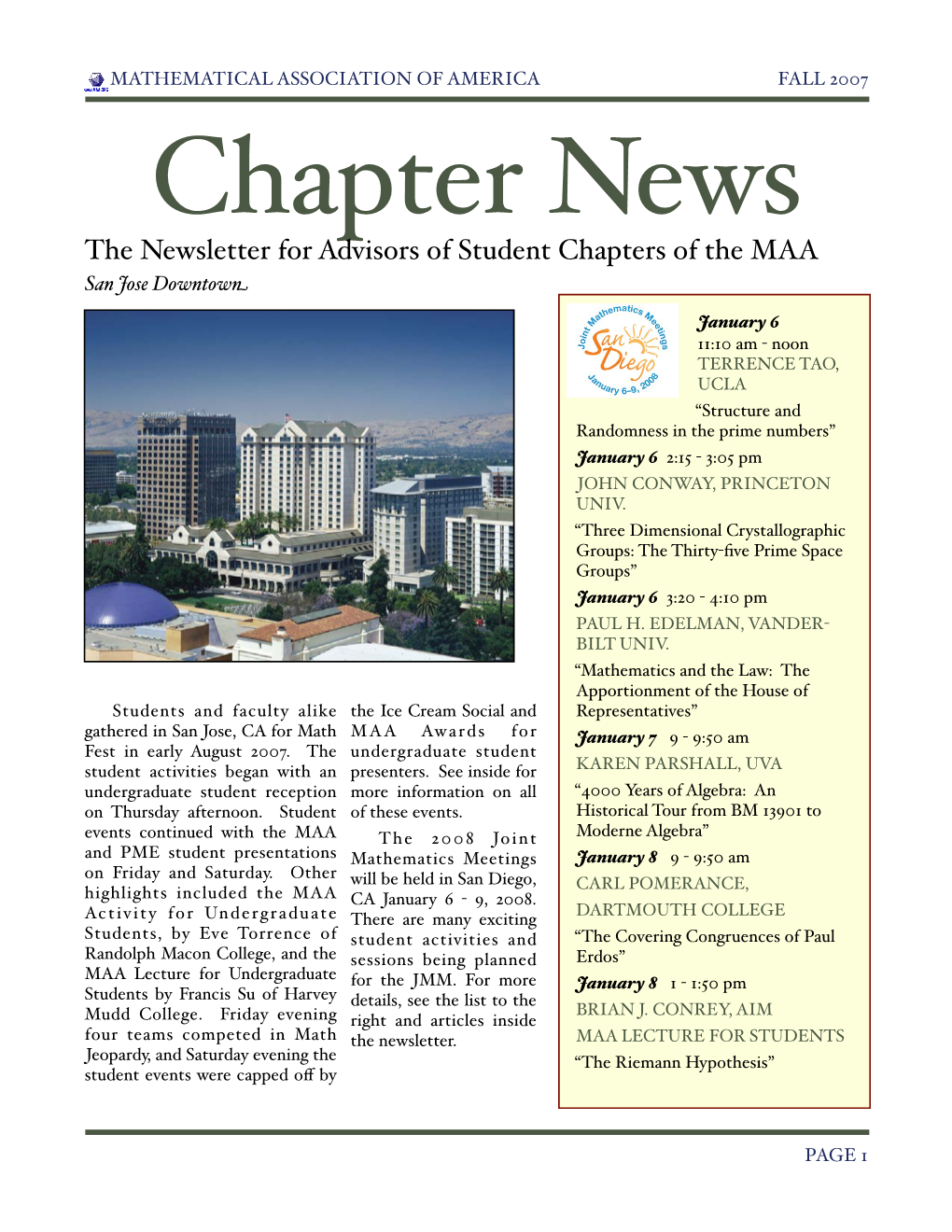 The Newsletter for Advisors of Student Chapters of the MAA San Jose Downtown