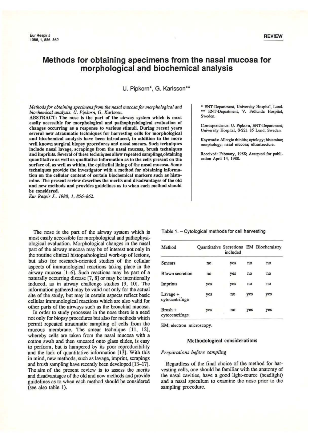 Methods for Obtaining Specimens from the Nasal Mucosa for Morphological and Biochemical Analysis