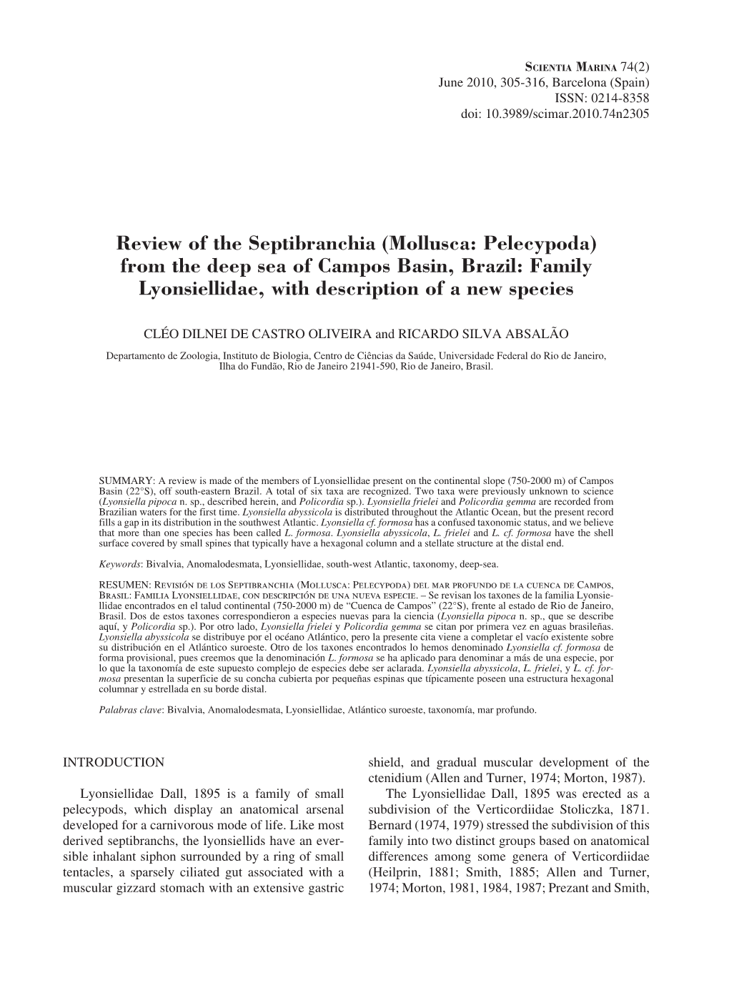 Review of the Septibranchia (Mollusca: Pelecypoda) from the Deep Sea of Campos Basin, Brazil: Family Lyonsiellidae, with Description of a New Species