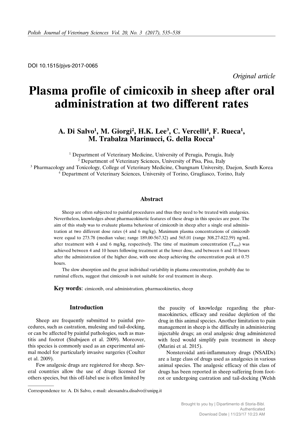 Plasma Profile of Cimicoxib in Sheep After Oral Administration at Two Different Rates