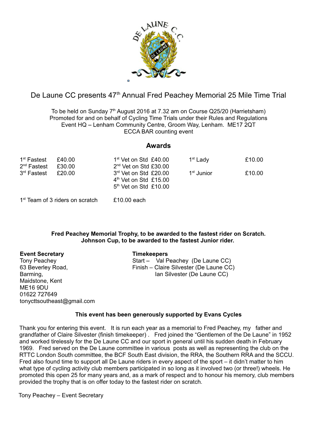 De Laune CC Presents 47Th Annual Fred Peachey Memorial 25 Mile Time Trial