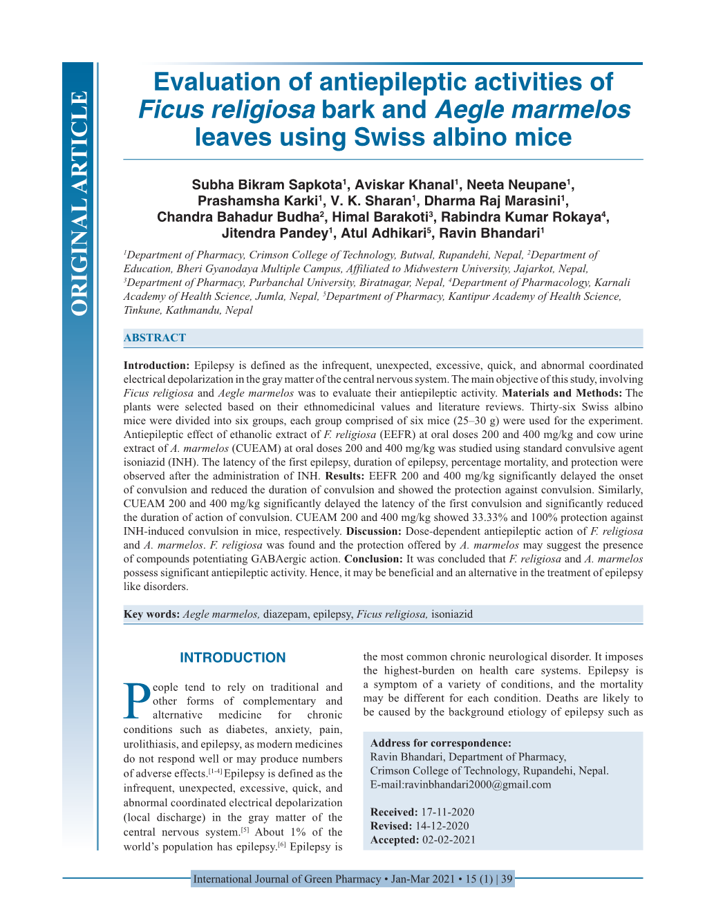 Evaluation of Antiepileptic Activities of Ficus Religiosa Bark and Aegle Marmelos Leaves Using Swiss Albino Mice