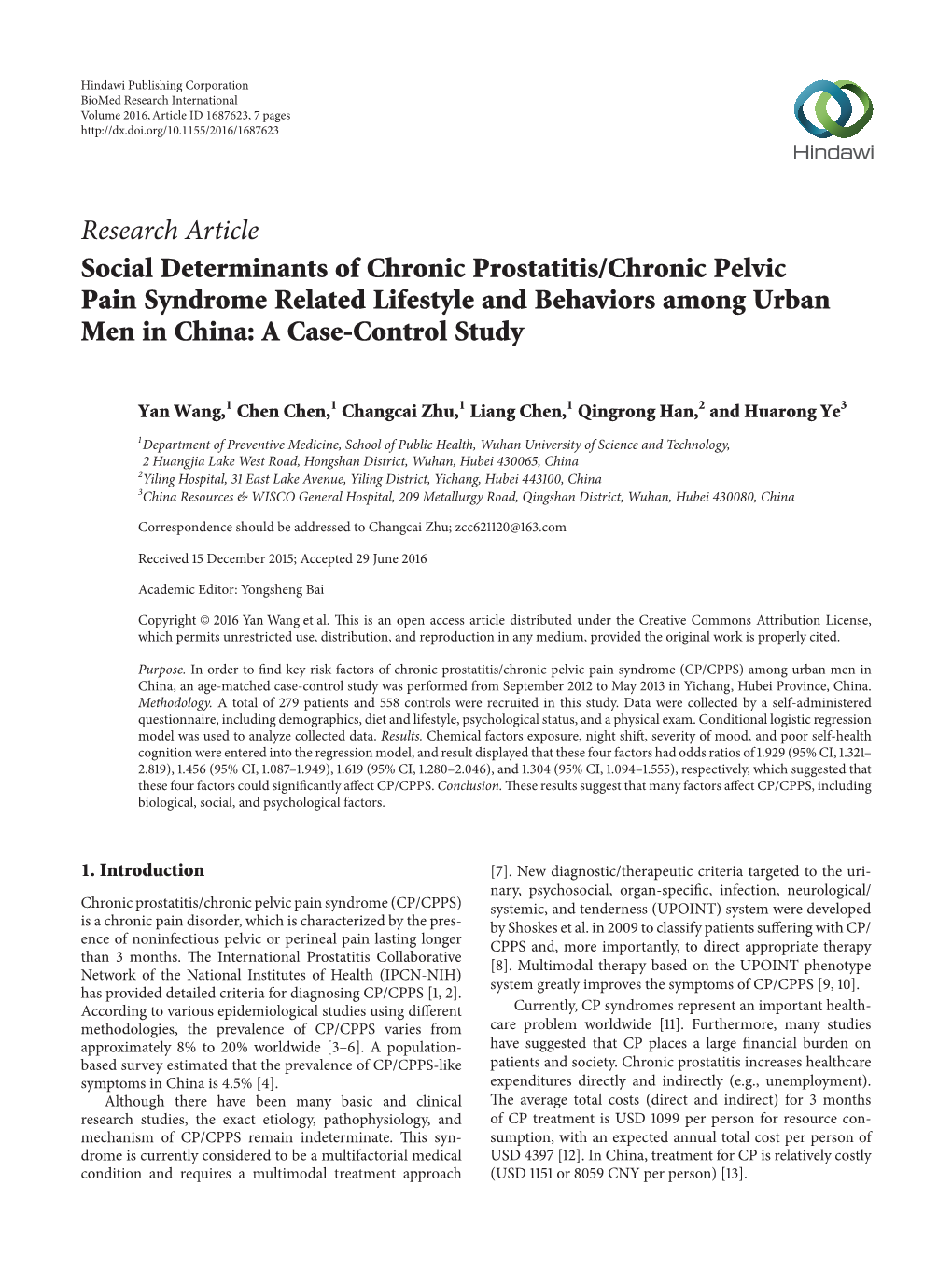 Social Determinants of Chronic Prostatitis/Chronic Pelvic Pain Syndrome Related Lifestyle and Behaviors Among Urban Men in China: a Case-Control Study