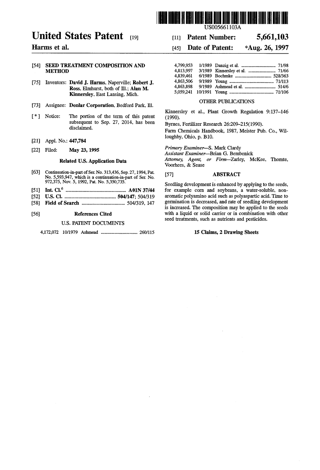 HHHHHIIIUS005661 03A United States Patent 19 11 Patent Number: 5,661,103 Harms Et Al