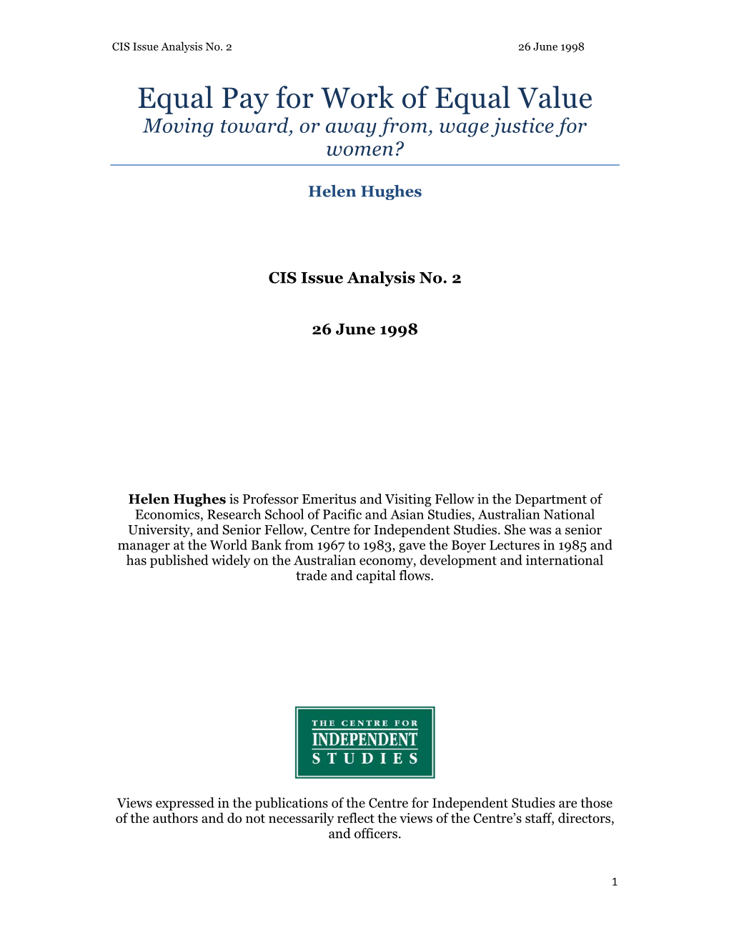 Equal Pay for Work of Equal Value Moving Toward, Or Away From, Wage Justice for Women?