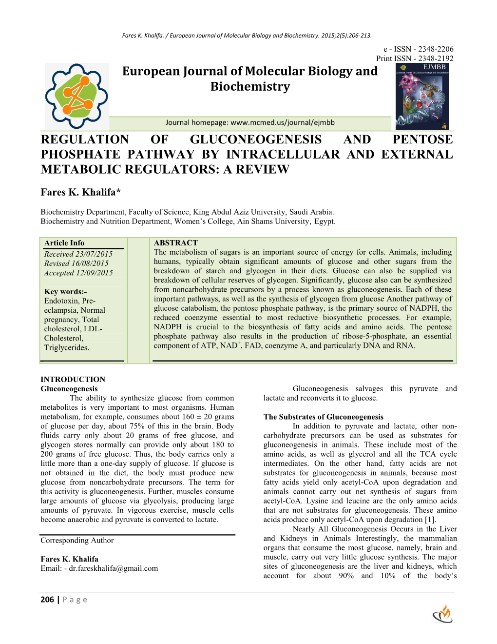 Euopean Journal of Molecular Biology and Biochemistry