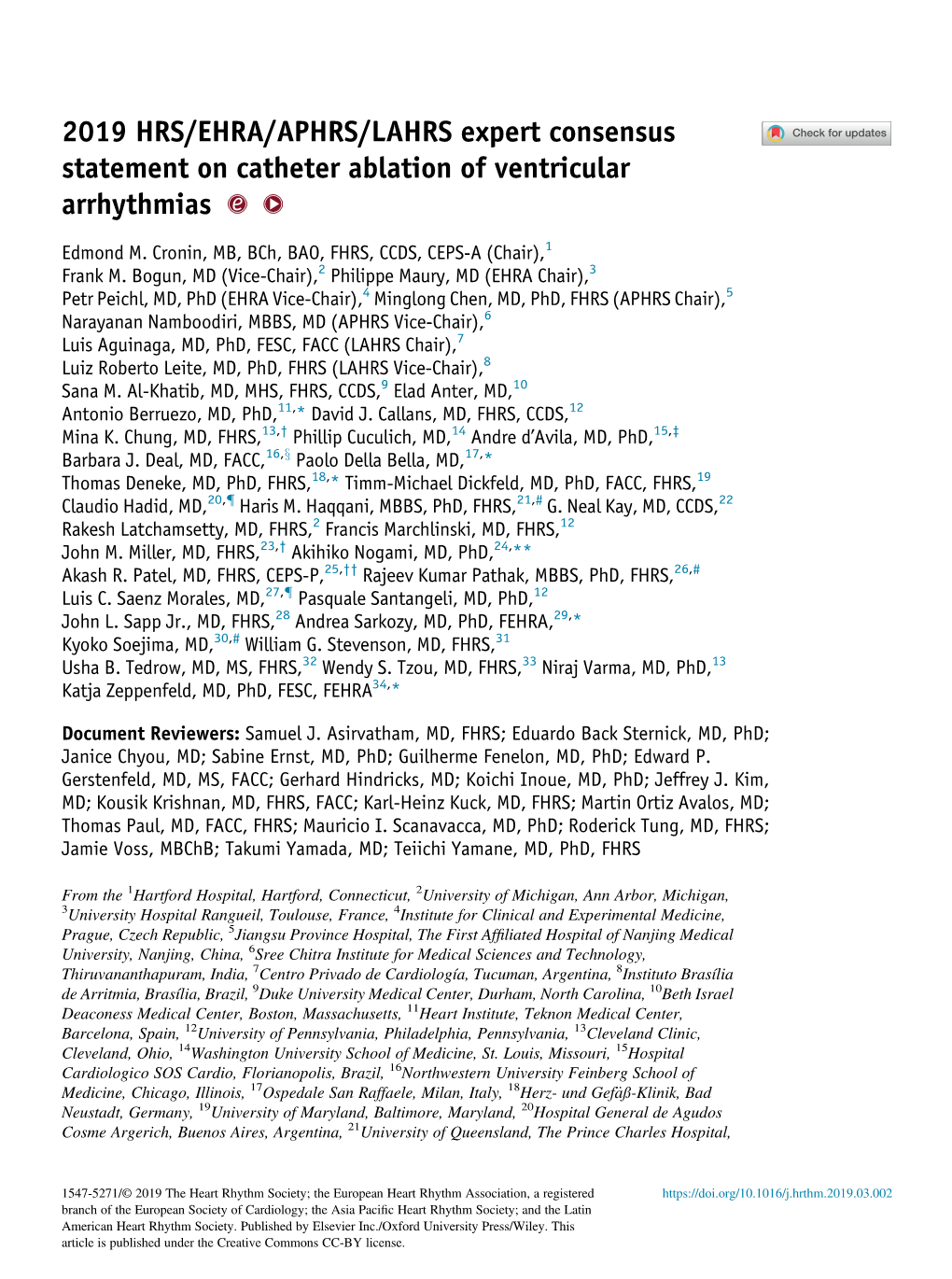 2019 HRS/EHRA/APHRS/LAHRS Expert Consensus Statement on Catheter Ablation of Ventricular Arrhythmias