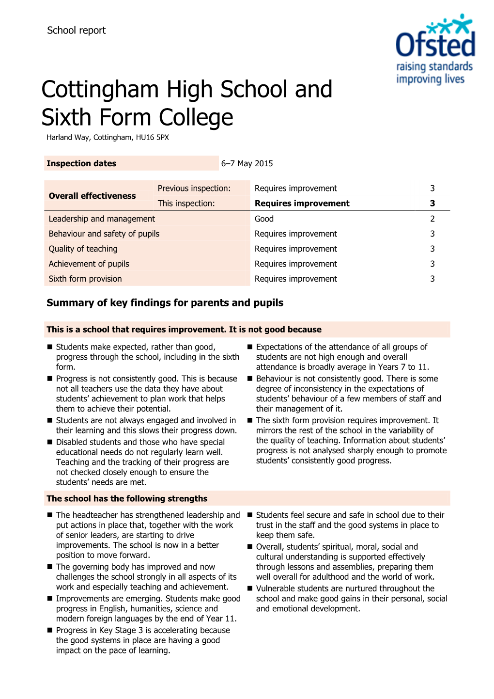 Cottingham High School and Sixth Form College Harland Way, Cottingham, HU16 5PX