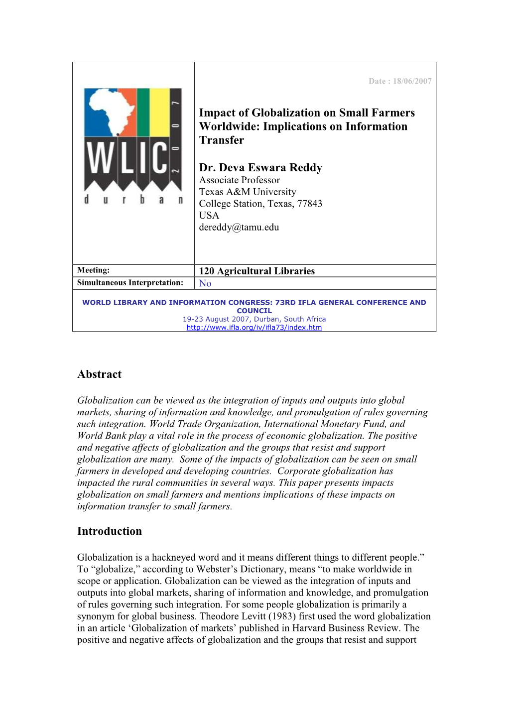 Impact of Globalization on Small Farmers Worldwide: Implications on Information Transfer