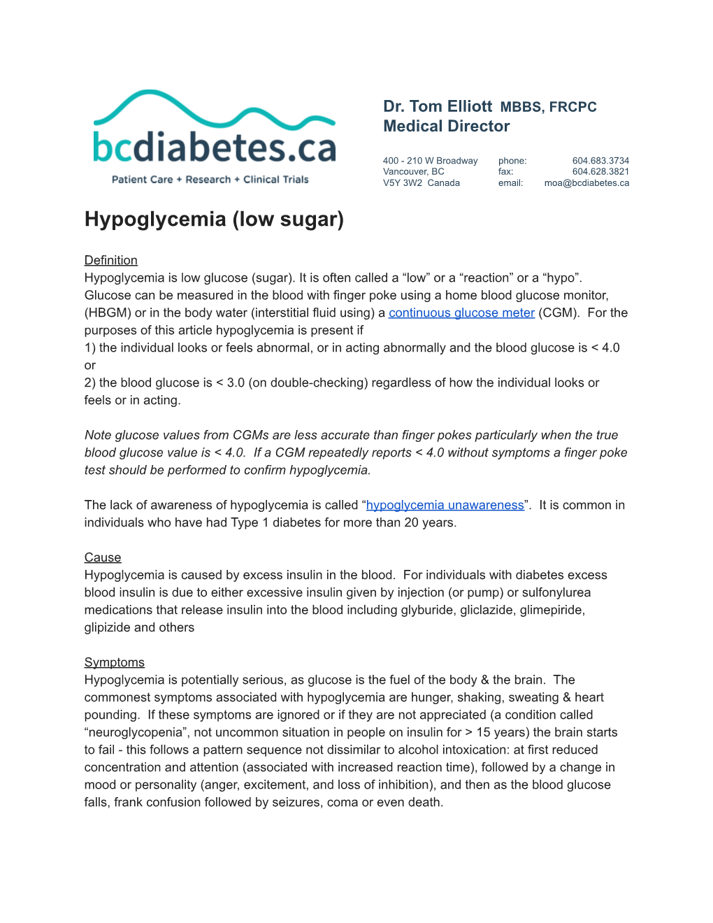 Low Sugar Hypoglycemia Management