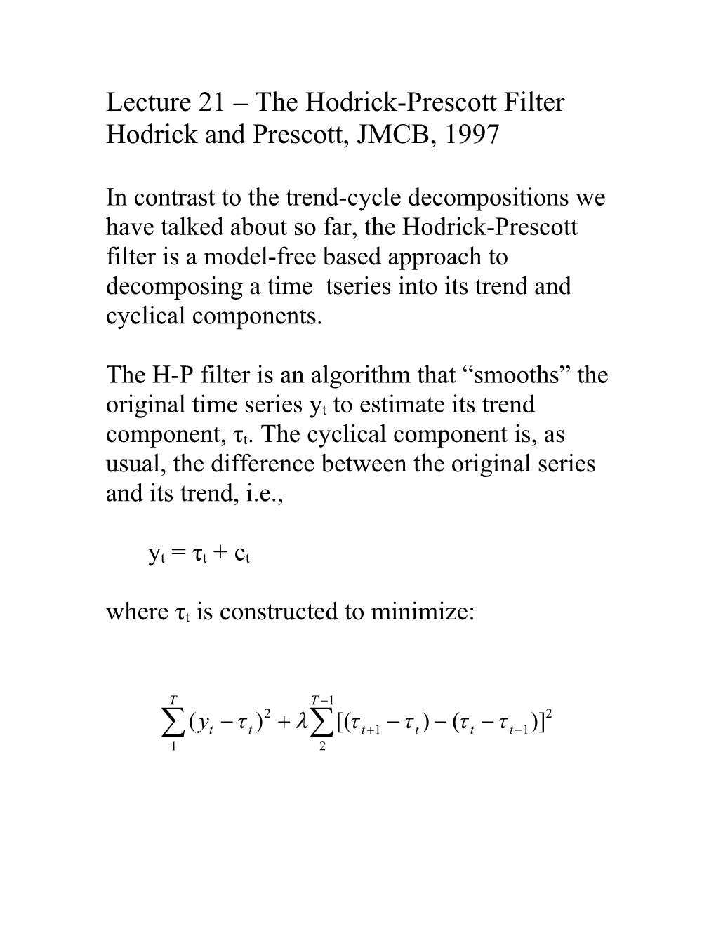 Lecture 21 the Hodrick-Prescott Filter