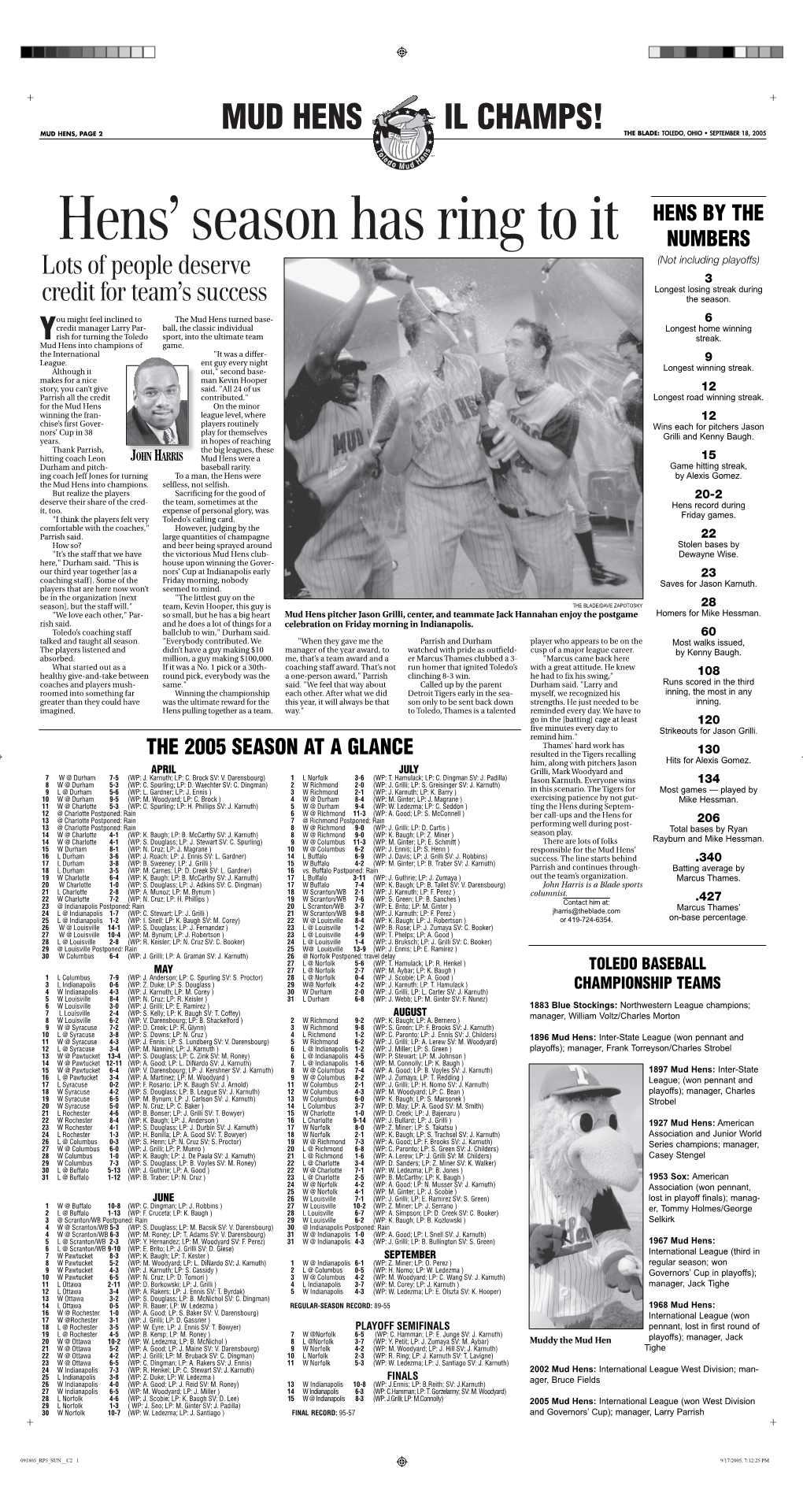 Mud Hens Il Champs! Mud Hens, Page 2 the Blade: Toledo, Ohio • September 18, 2005