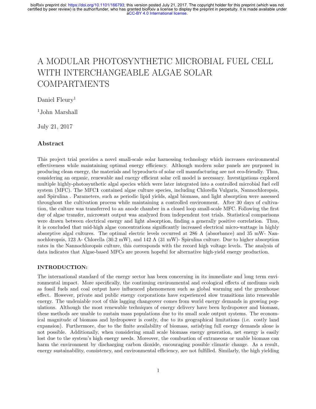 A Modular Photosynthetic Microbial Fuel Cell with Interchangeable Algae Solar Compartments