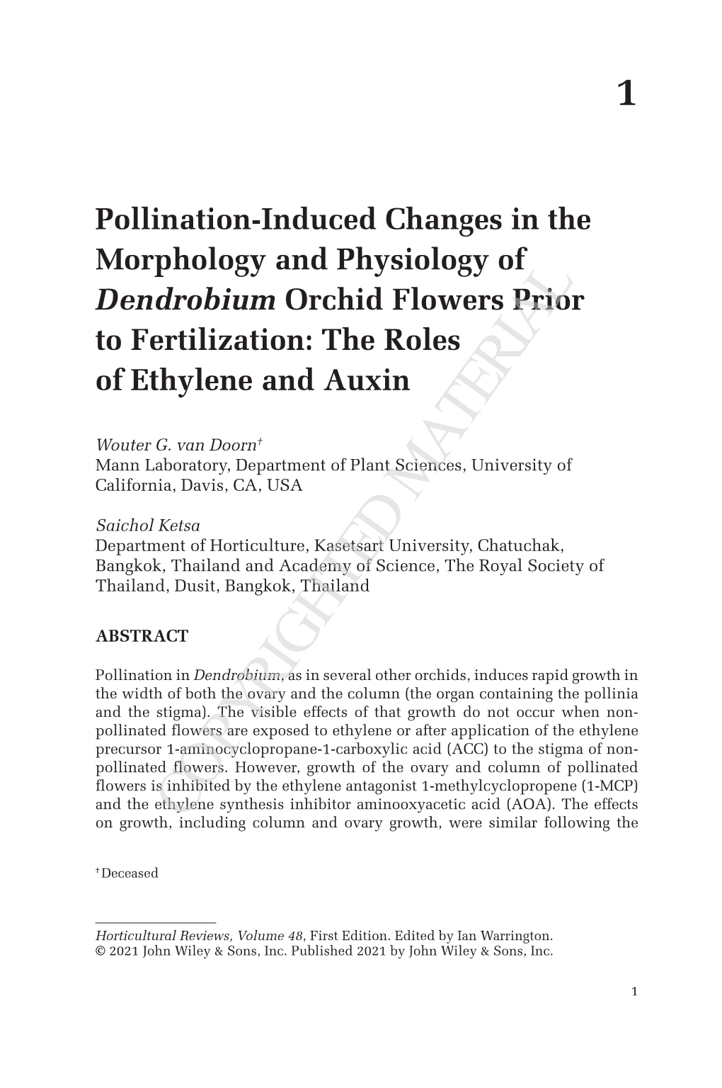 Chapter 1: Pollination-Induced Changes in the Morphology and Physiology of ﻿Dendrobium﻿ Orchid Flowers Prior to Fertilizat