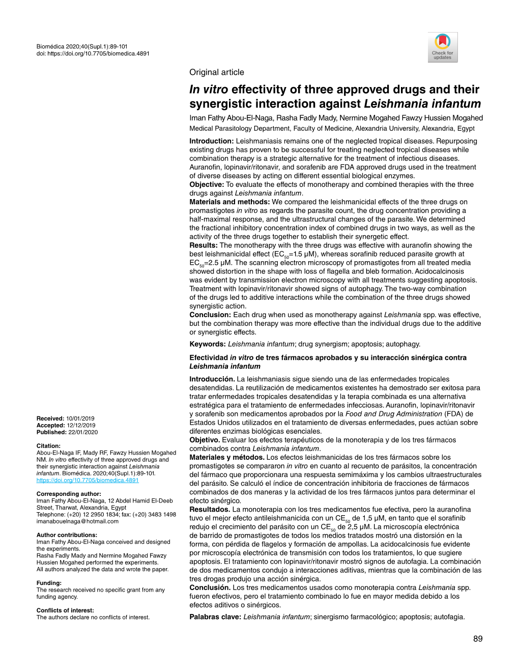 In Vitro Effectivity of Three Approved Drugs and Their Synergistic Interaction Against Leishmania Infantum