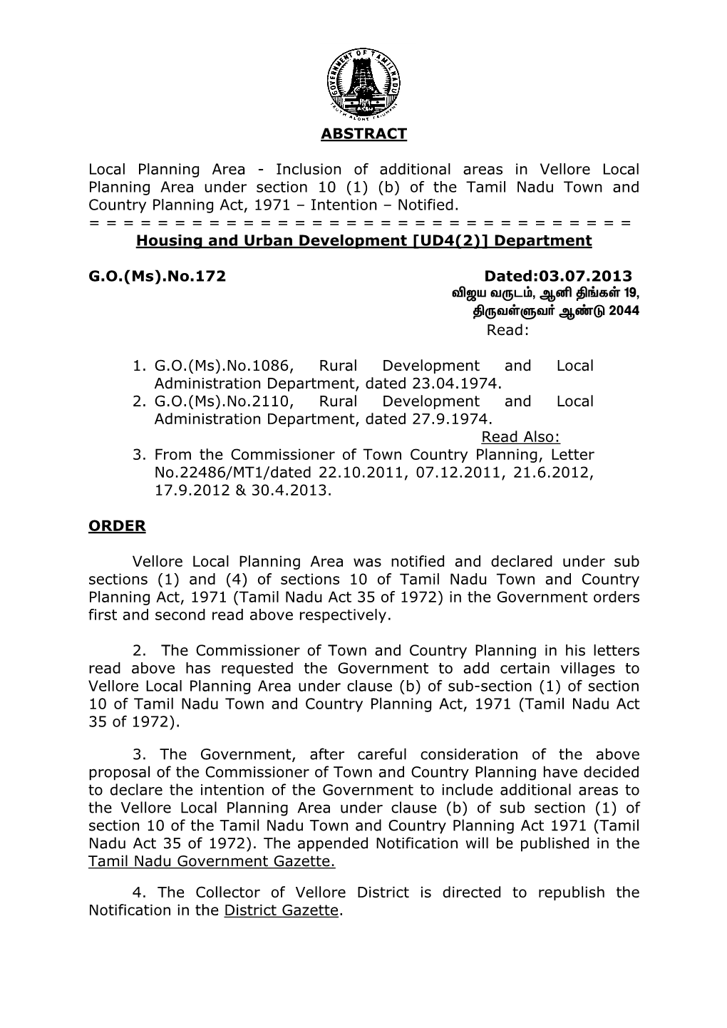 Inclusion of Additional Areas in Vellore Local Planning Area Under Section 10 (1) (B) of the Tamil Nadu Town and Country Planning Act, 1971 – Intention – Notified