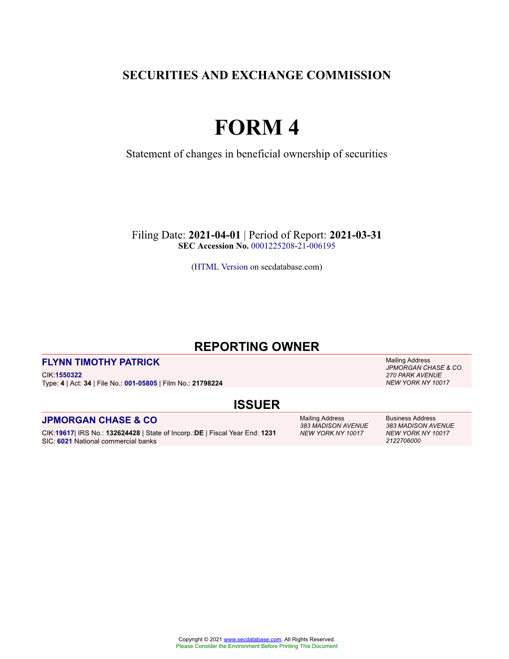 FLYNN TIMOTHY PATRICK Form 4 Filed 2021-04-01