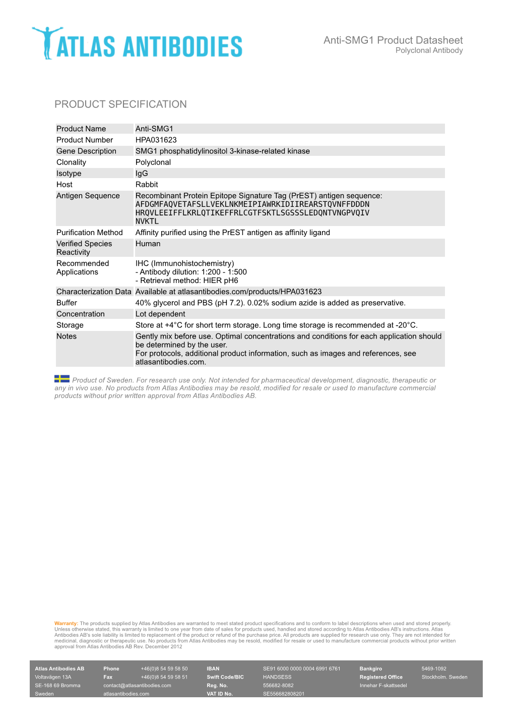 PRODUCT SPECIFICATION Anti-SMG1 Product