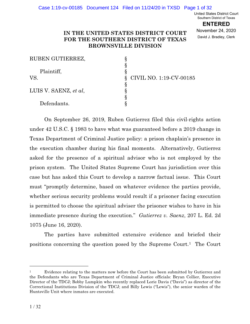 ENTERED in the UNITED STATES DISTRICT COURT November 24, 2020 for the SOUTHERN DISTRICT of TEXAS David J