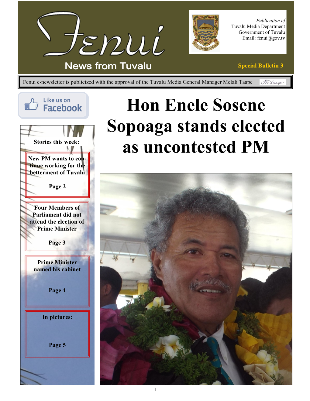 Hon Enele Sosene Sopoaga Stands Elected As Uncontested PM