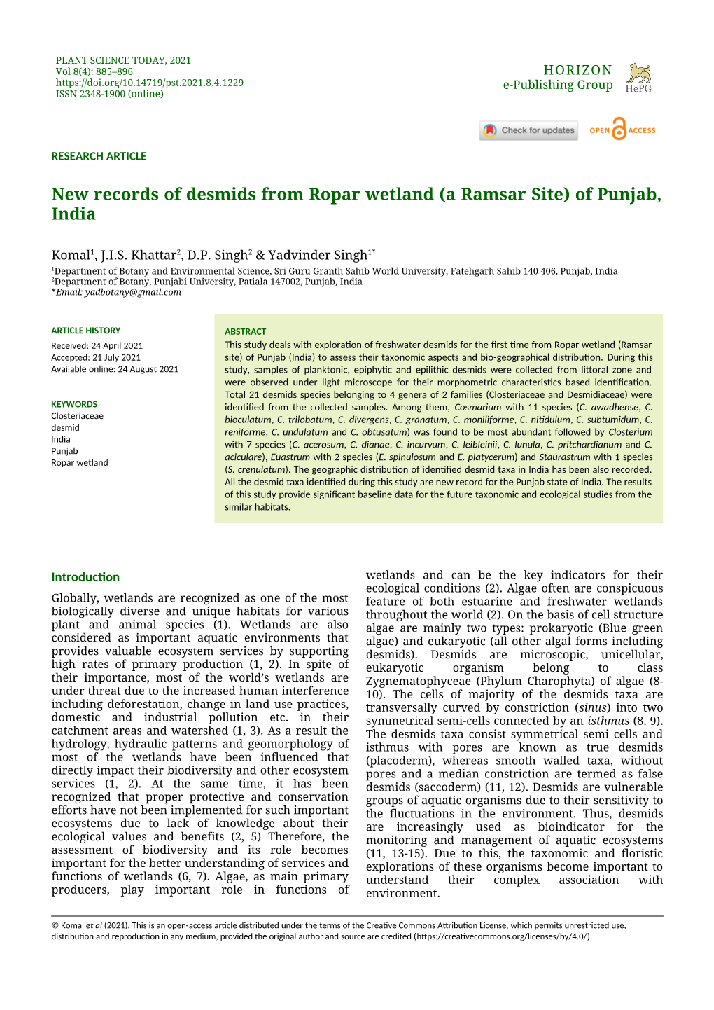 PLANT SCIENCE TODAY, 2021 Vol 8(4): 885–896 HORIZON E-Publishing Group ISSN 2348-1900 (Online)