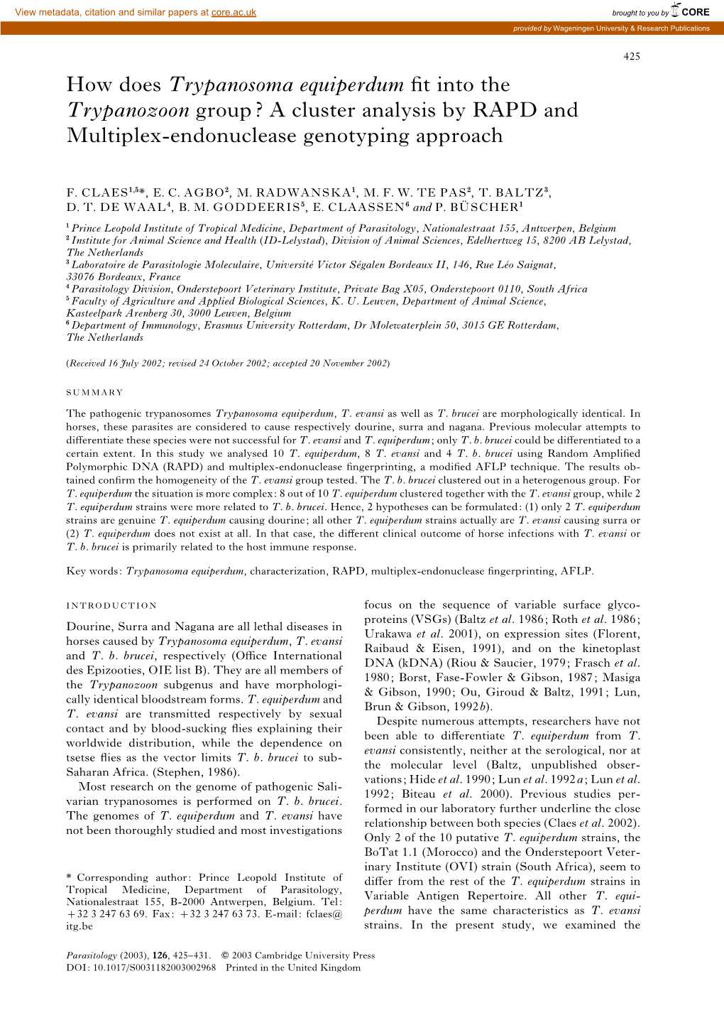 How Does Trypanosoma Equiperdum Fit Into the Trypanozoon Group?