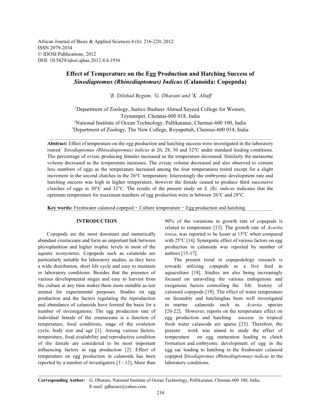 Effect of Temperature on the Egg Production and Hatching Success of Sinodiaptomus (Rhinediaptomus) Indicus (Calanoida: Copepoda)