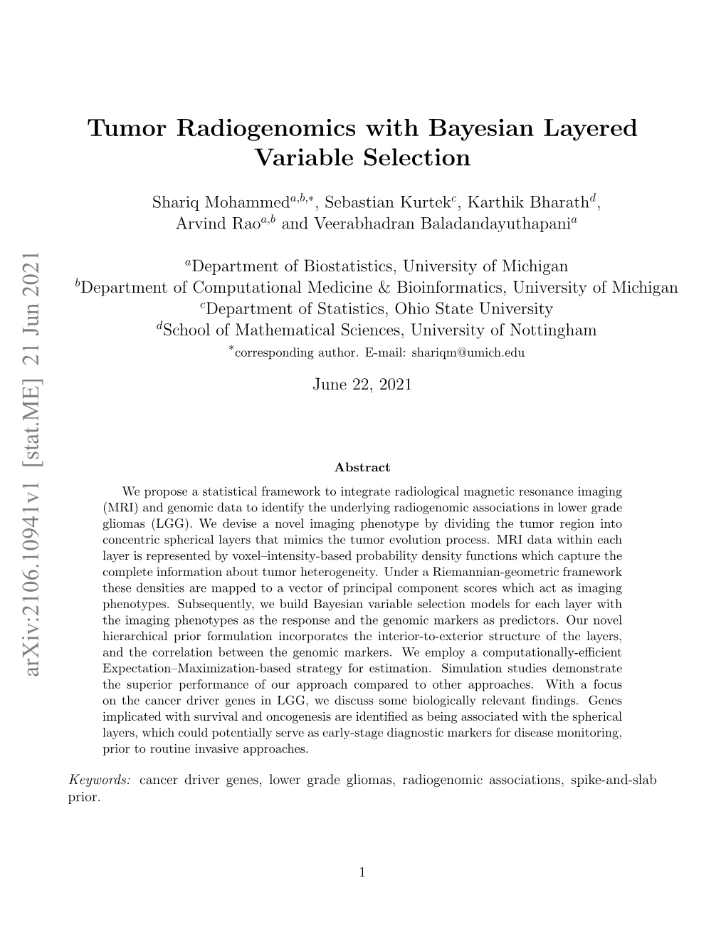 Tumor Radiogenomics with Bayesian Layered Variable Selection Arxiv:2106.10941V1 [Stat.ME] 21 Jun 2021