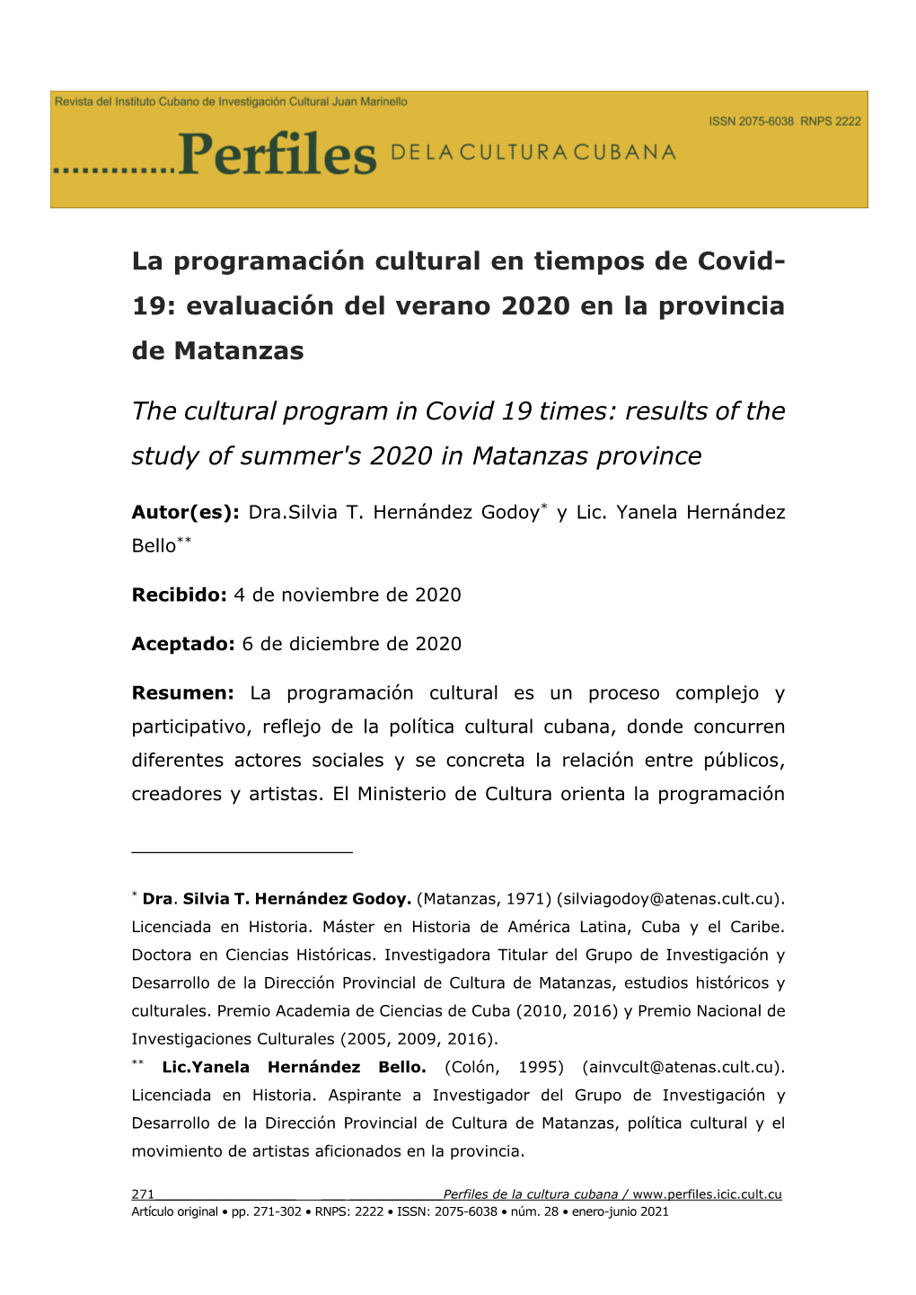 La Programación Cultural En Tiempos De Covid- 19: Evaluación Del Verano 2020 En La Provincia De Matanzas