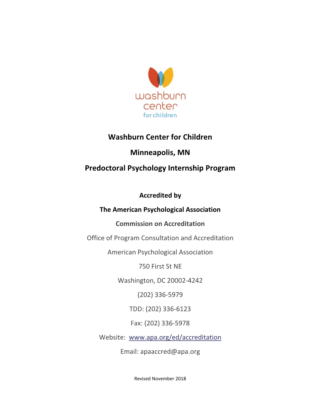 Washburn Center for Children Minneapolis, MN Predoctoral Psychology Internship Program