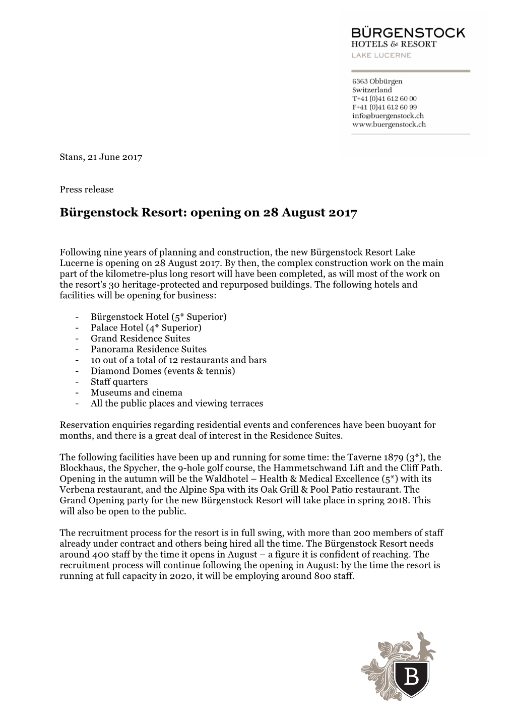 Bürgenstock Resort: Opening on 28 August 2017