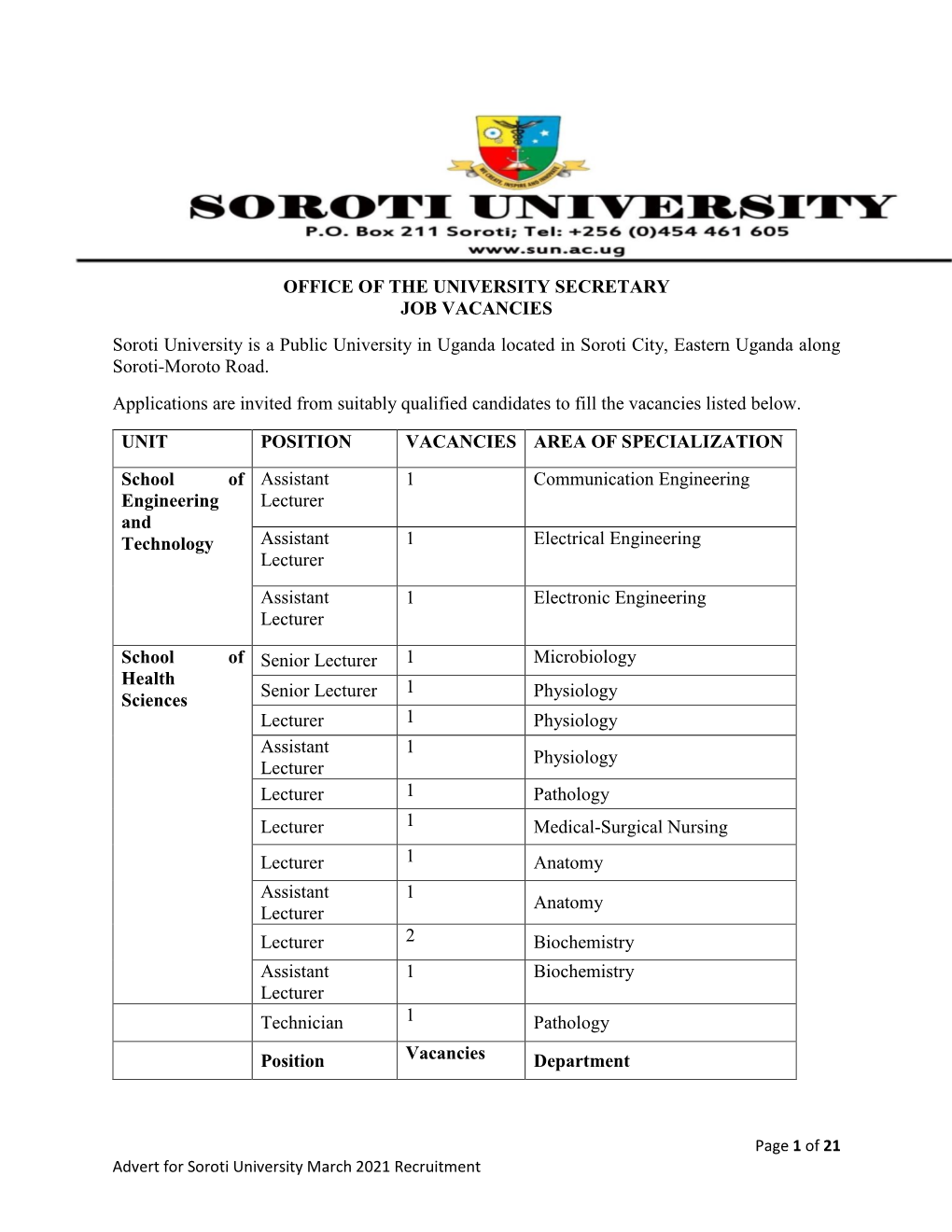 OFFICE of the UNIVERSITY SECRETARY JOB VACANCIES Soroti University Is a Public University in Uganda Located in Soroti City, Eastern Uganda Along Soroti-Moroto Road