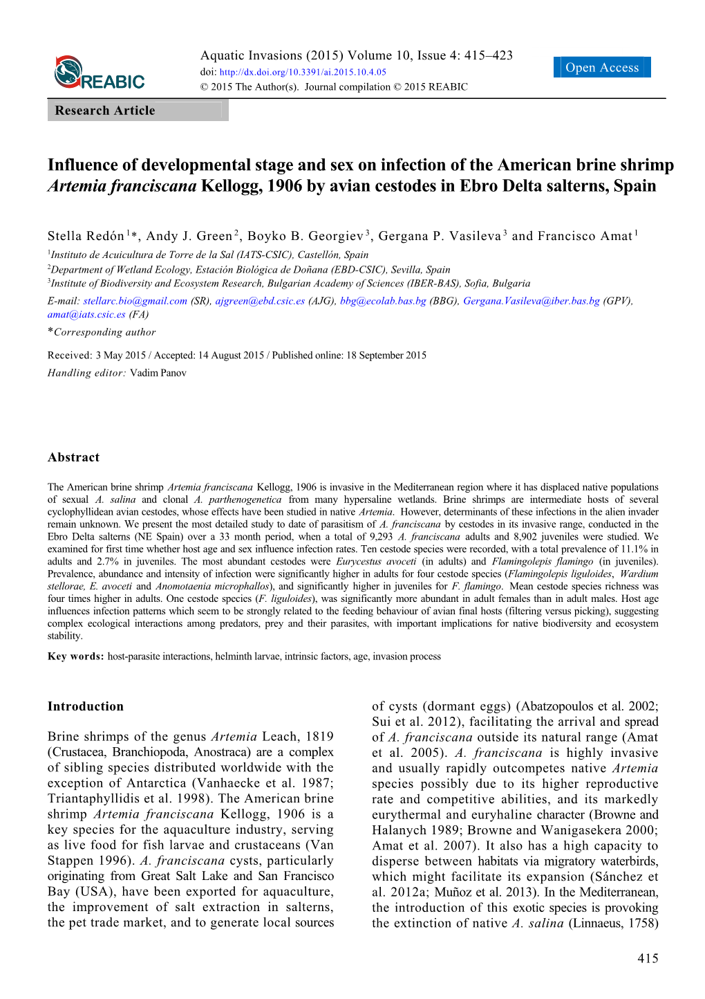 Influence of Developmental Stage and Sex on Infection of the American Brine Shrimp Artemia Franciscana Kellogg, 1906 by Avian Cestodes in Ebro Delta Salterns, Spain