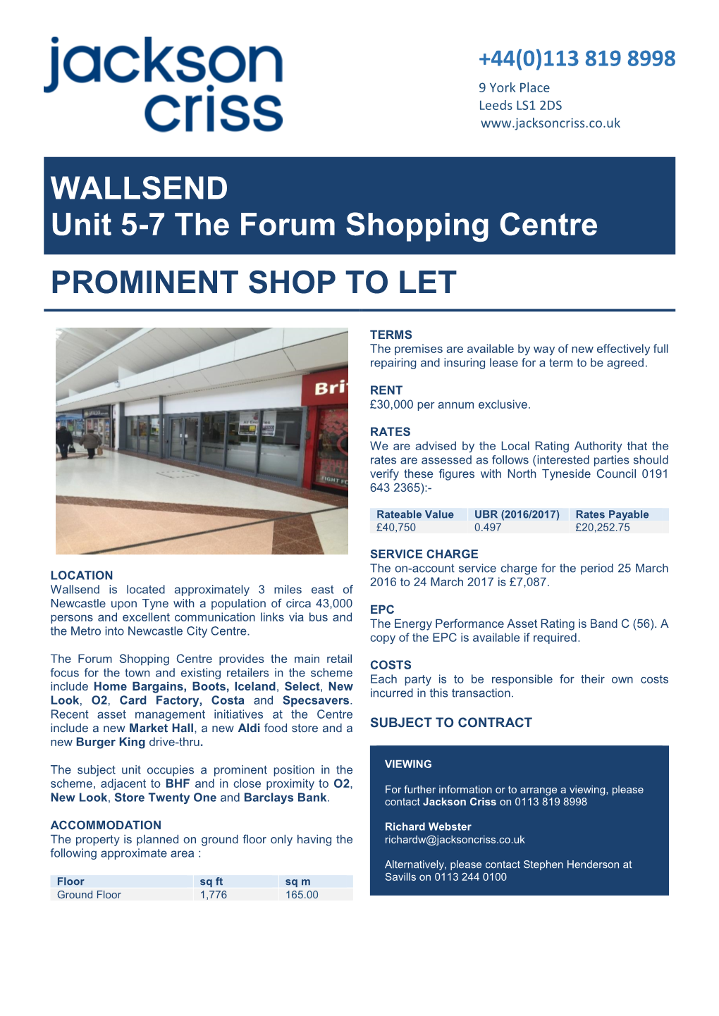 WALLSEND Unit 5-7 the Forum Shopping Centre PROMINENT SHOP to LET