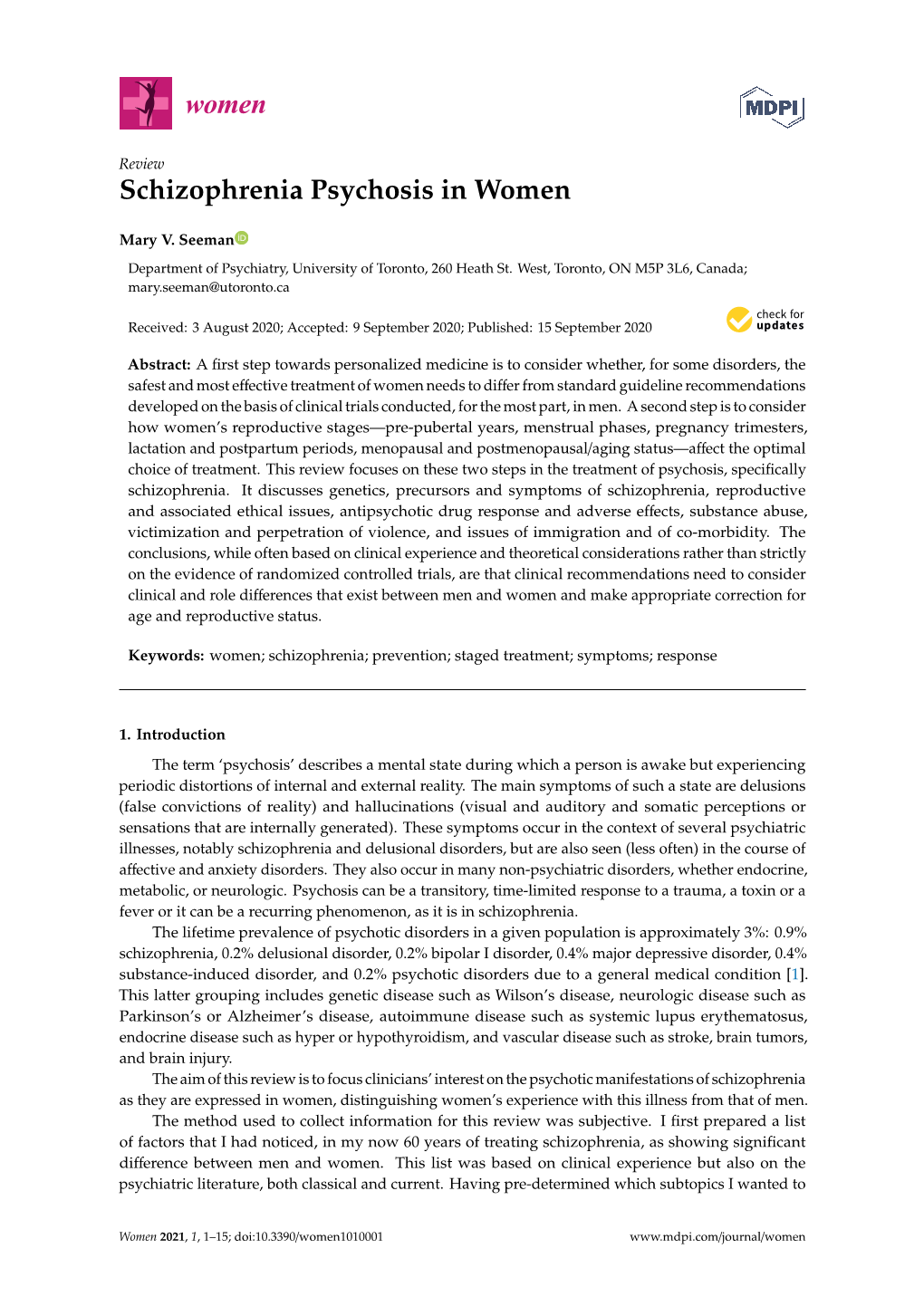 Schizophrenia Psychosis in Women