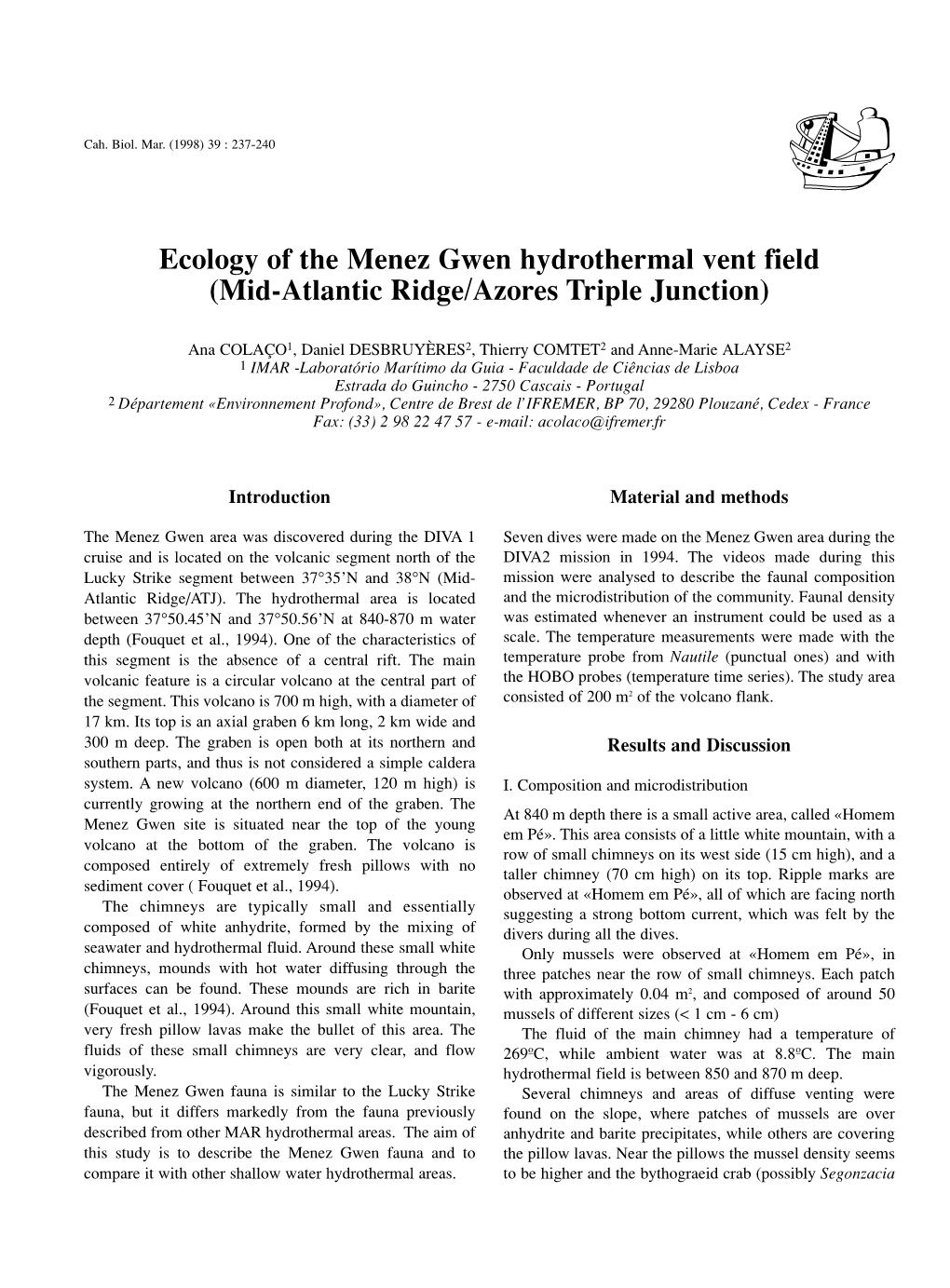 Ecology of the Menez Gwen Hydrothermal Vent Field (Mid-Atlantic Ridge/Azores Triple Junction)