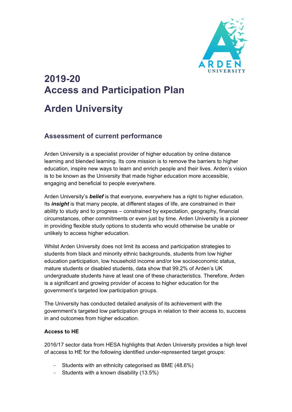 2019-20 Access and Participation Plan Arden University