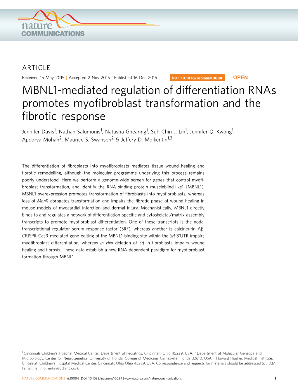 MBNL1-Mediated Regulation of Differentiation Rnas Promotes Myofibroblast Transformation and the Fibrotic Response