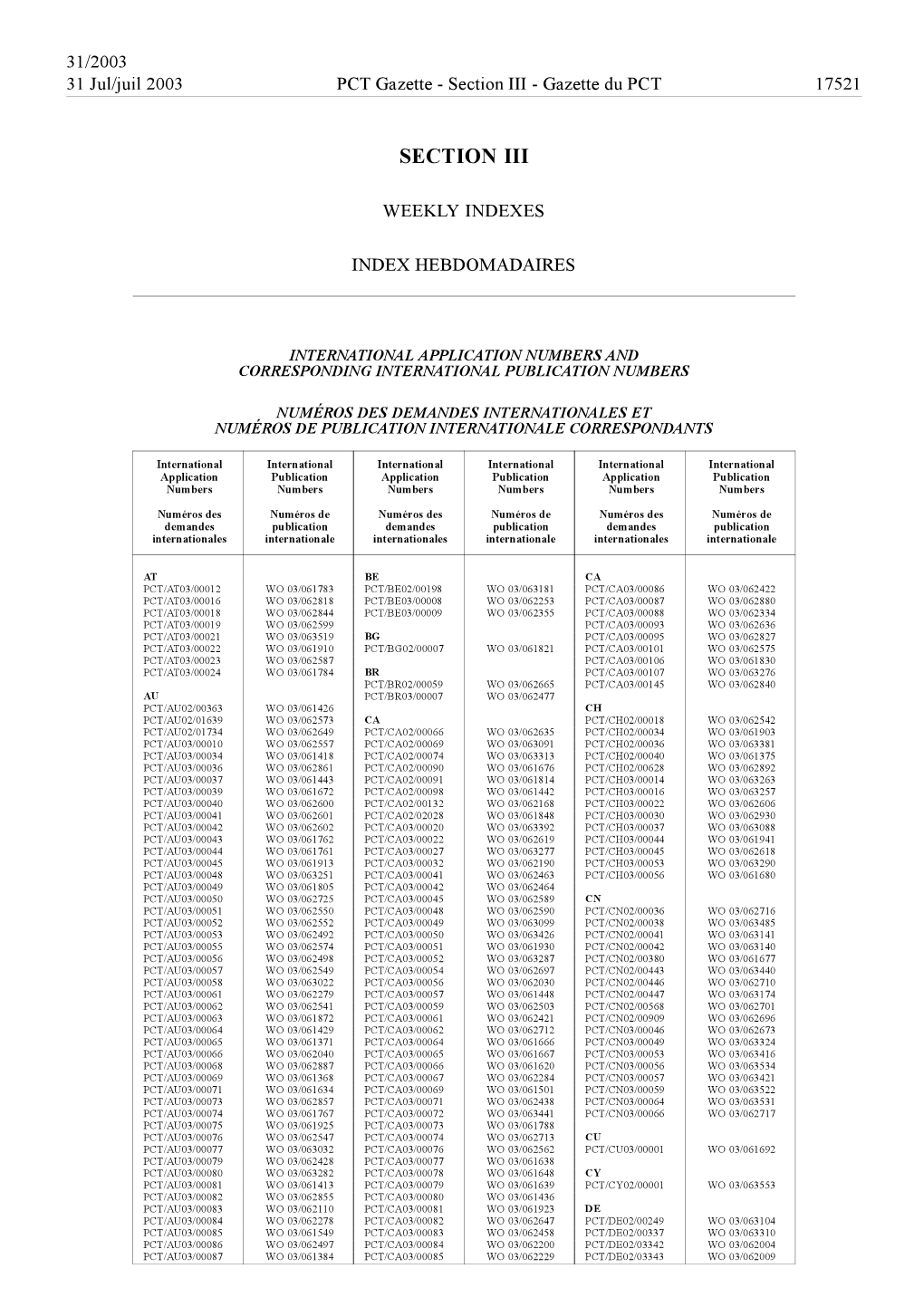 PCT Gazette, Weekly Issue No. 31, 2003