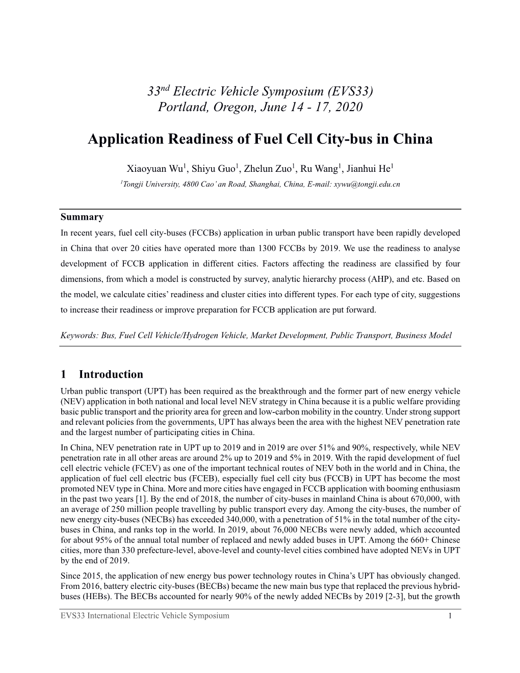 Application Readiness of Fuel Cell City-Bus in China