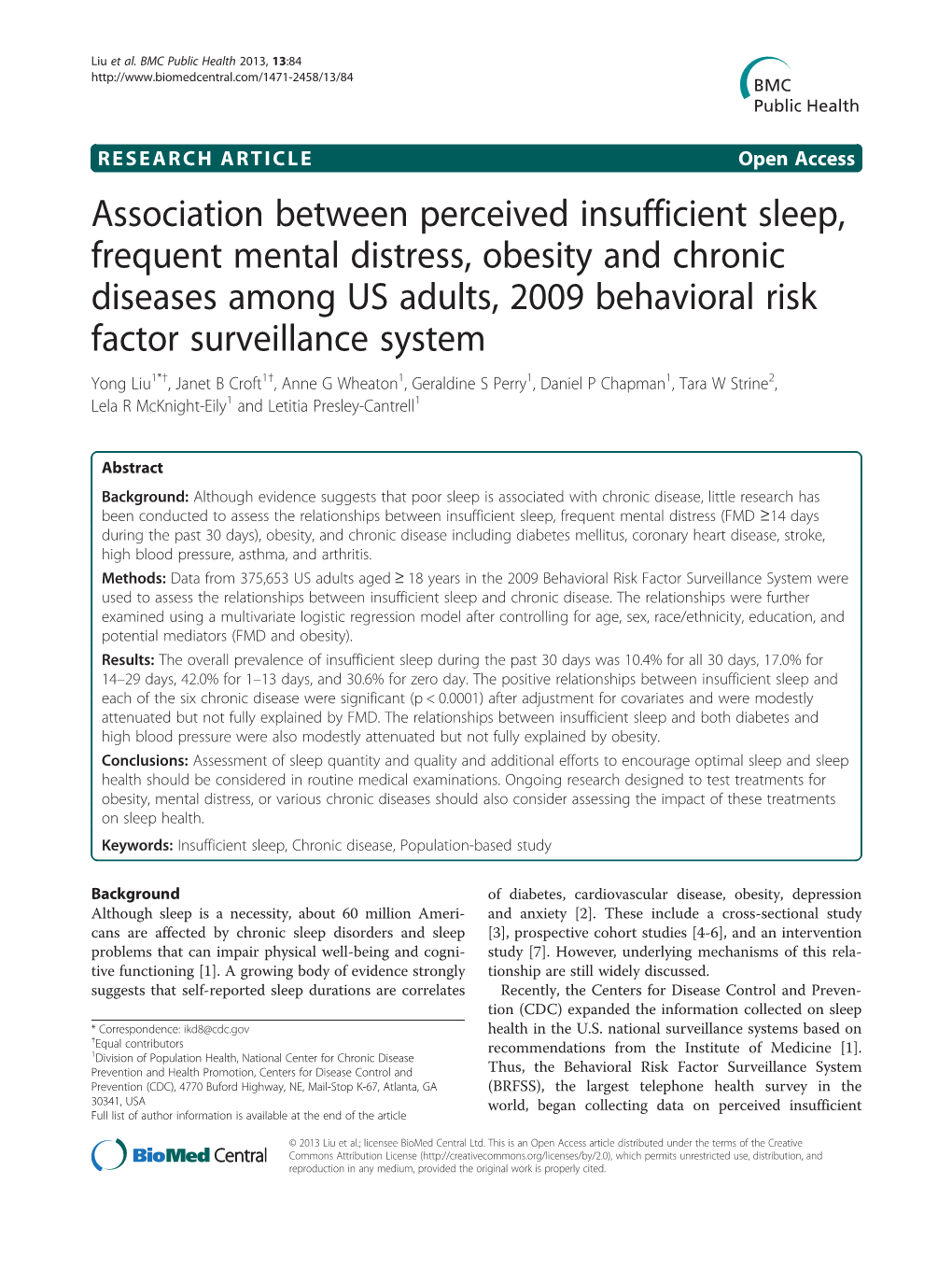 Association Between Perceived Insufficient Sleep, Frequent Mental Distress, Obesity and Chronic Diseases Among US Adults, 2009 Behavioral Risk Factor Surveillance System