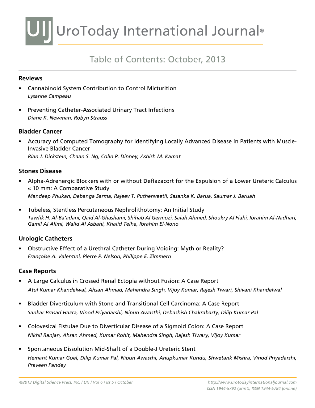 UIJ Urotoday International Journal® Table of Contents: October, 2013