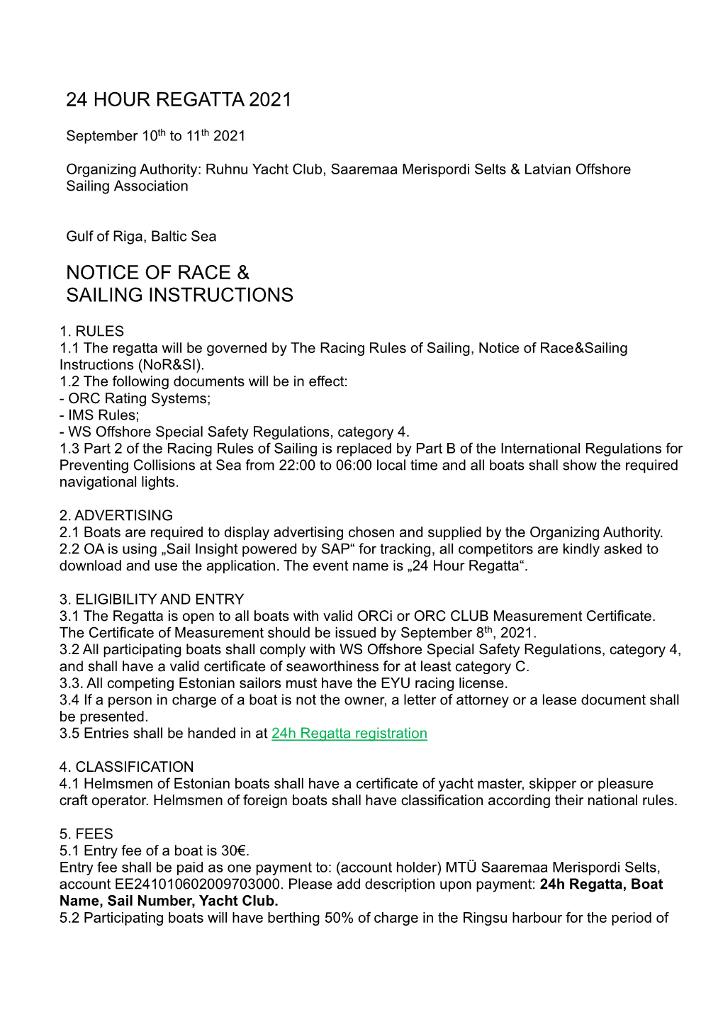 24 Hour Regatta 2021 Notice of Race & Sailing Instructions